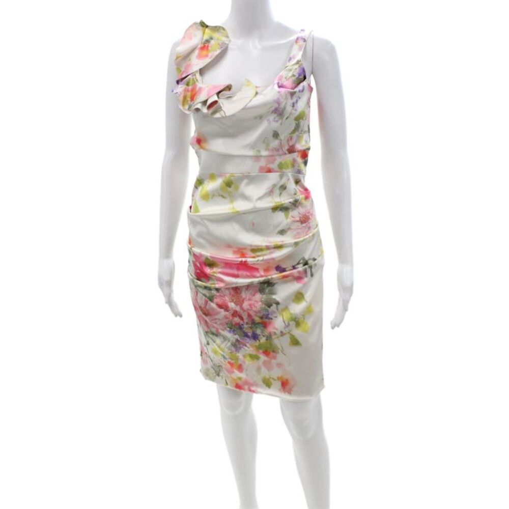 Rolando Santana Women White Bodycon Sheath Dress Sleeveless Zip Floral Size M